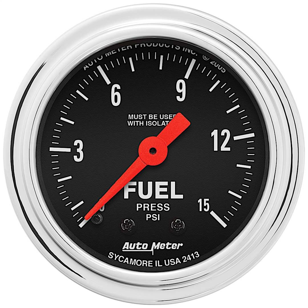 a482413_1.jpg Autometer 2413 Traditional Chrome Series Gauge, Fuel Pressure, 2 1/16in. 15Psi, Mechanical W/Isolator. - Image 1