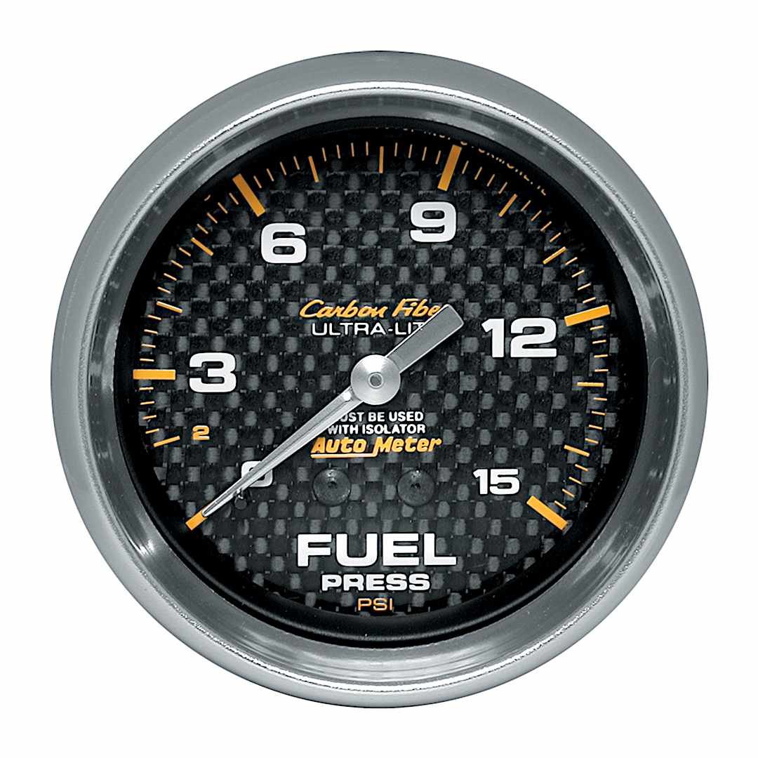 a484813_1.jpg Autometer 4813 Carbon Fiber Series Gauge, Fuel Pressure, 2 5/8in. 15Psi, Mechanical Incl. Isolator. - Image 1