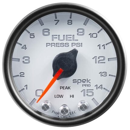 Autometer P31512 Spek Series Gauge, Fuel Press, 2 1/16in. 15Psi, Stepper Motor W/Peak & Warn, Wht/Blk.