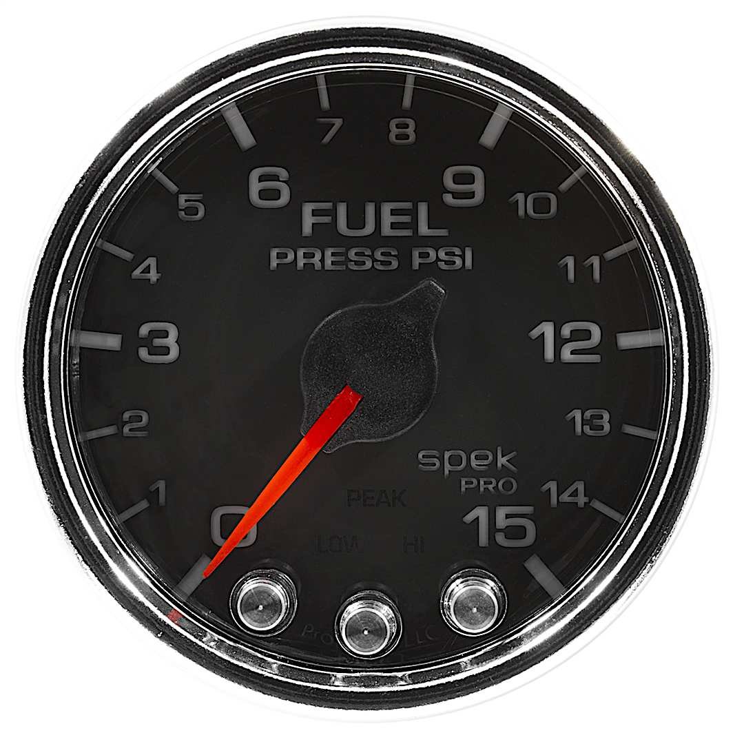 a48p31531_1.jpg Autometer P31531 Spek Series Gauge, Fuel Press, 2 1/16in. 15Psi, Stepper Motor W/Peak & Warn, Blk/Chrm. - Image 1