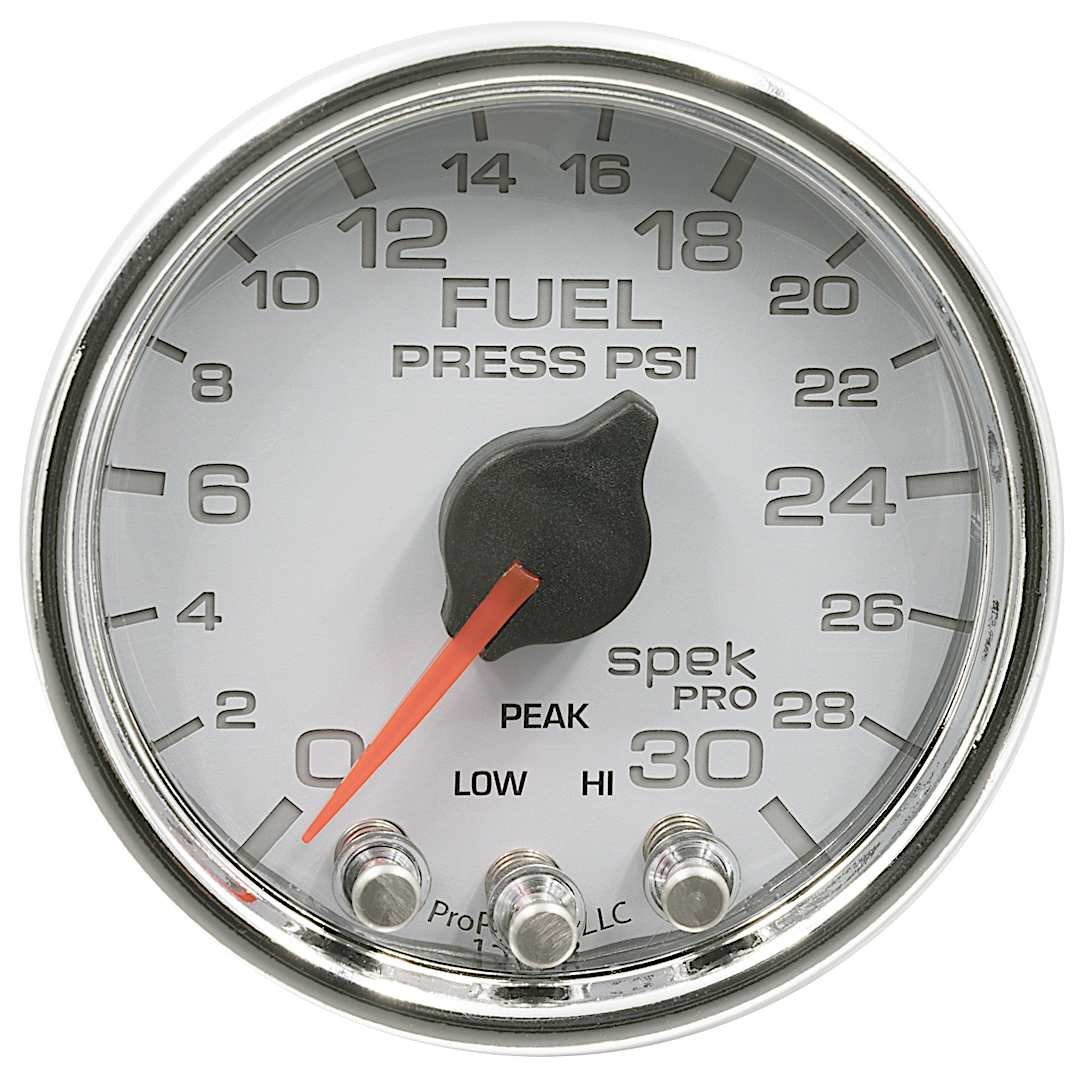 a48p31611_1.jpg Autometer P31611 Spek Series Gauge, Fuel Press, 2 1/16in. 30Psi, Stepper Motor W/Peak & Warn, Wht/Chrm. - Image 1