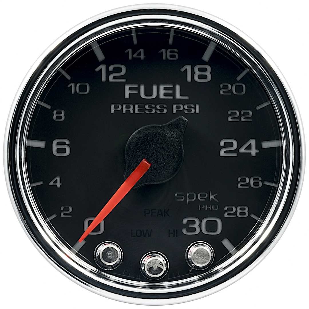 a48p31631_1.jpg Autometer P31631 Spek Series Gauge, Fuel Press, 2 1/16in. 30Psi, Stepper Motor W/Peak & Warn, Blk/Chrm. - Image 1