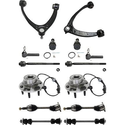 TrueDrive 14-Piece Kit Front, Driver and Passenger Side, Upper Control Arm with Axle Assemblies, Ball Joints, Sway Bar Links (12 mm. Stud), Tie Rod Ends, and Wheel Hubs, AWD/4WD