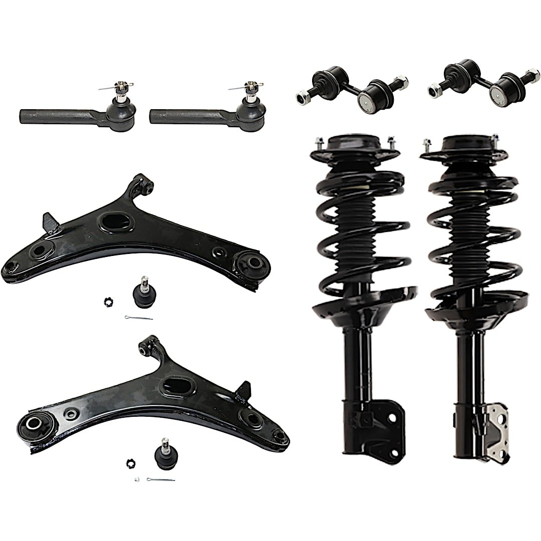 kit-012225-c140_1.jpg JC Whitney 8-Piece Kit Front, Driver and Passenger Side Shock Absorber and Strut Assembly, Includes (2) Control Arm, (2) Shock Absorber and Strut Assembly, (2) Sway Bar Link, and (2) Tie Rod End - Image 1