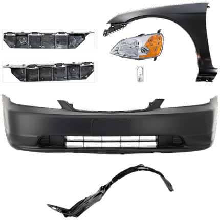 Replacement 7-Piece Kit Driver Side Incandescent Headlight, Includes (2) Bumper Bracket, (1) Bumper Cover, (1) Fender, (1) Fender Liner, (1) Headlight, and (1) Light Bulb