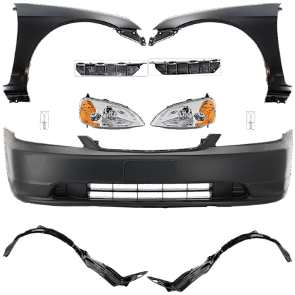 Replacement 11-Piece Kit Driver and Passenger Side Incandescent Headlight, Includes (2) Bumper Bracket, (1) Bumper Cover, (2) Fender, (2) Fender Liner, (2) Headlight, and (2) Light Bulb