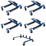 JC Whitney KIT-012925-01 5-Piece Kit Dolly, 0.75 Ton, Hydraulic Self Loading, With Dolly Storage Rack, Includes (4) Dolly and (1) Dolly Storage Rack