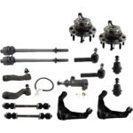 Replacement 15-Piece Kit Front, Driver and Passenger Side, Upper Control Arm with Ball Joints, Idler Arm, Idler Arm Bracket, Pitman Arm, Sway Bar Links, Tie Rod Ends, and Wheel Hubs, Heavy-Duty Design