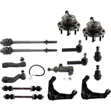 Replacement 15-Piece Kit Front, Driver and Passenger Side, Upper Control Arm with Ball Joints, Idler Arm, Idler Arm Bracket, Pitman Arm, Sway Bar Links, Tie Rod Ends, and Wheel Hubs, Heavy-Duty Design