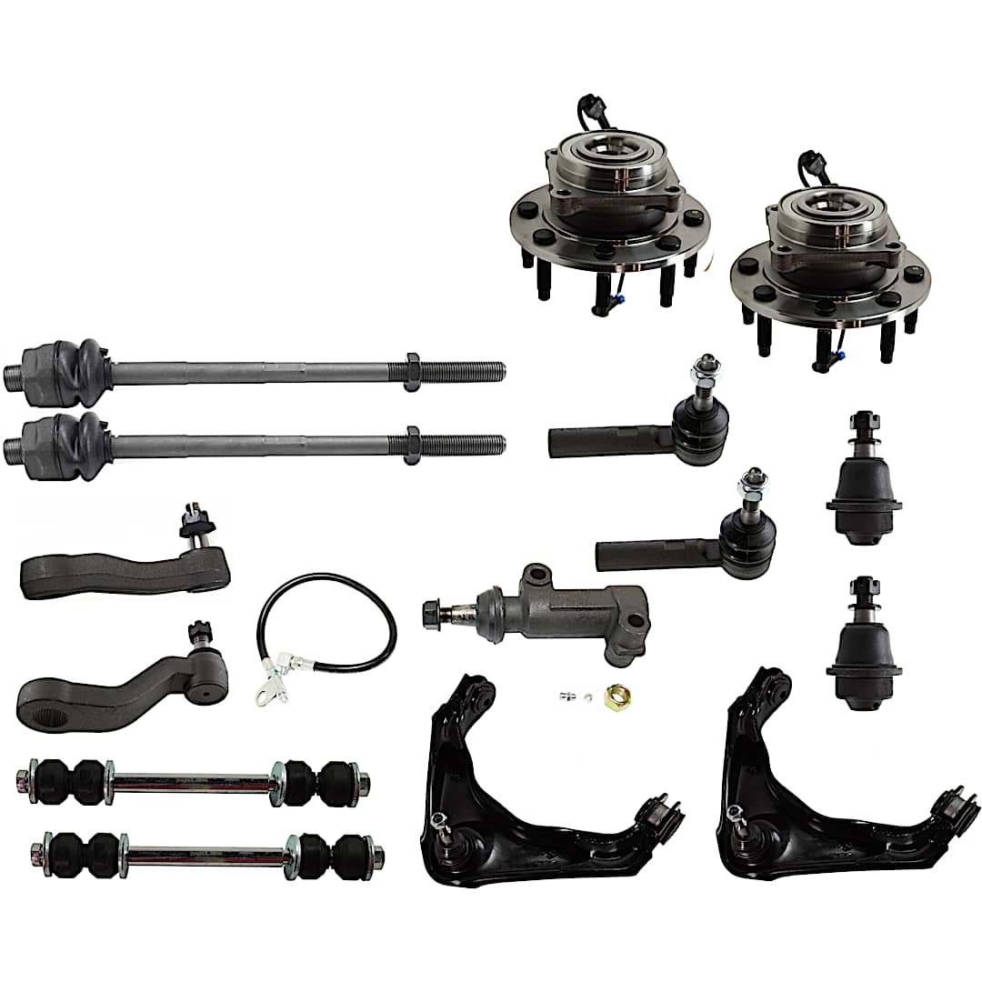 kit-030317-11_1.jpg Replacement 15-Piece Kit Front, Driver and Passenger Side, Upper Control Arm with Ball Joints, Idler Arm, Idler Arm Bracket, Pitman Arm, Sway Bar Links, Tie Rod Ends, and Wheel Hubs, Heavy-Duty Design - Image 1