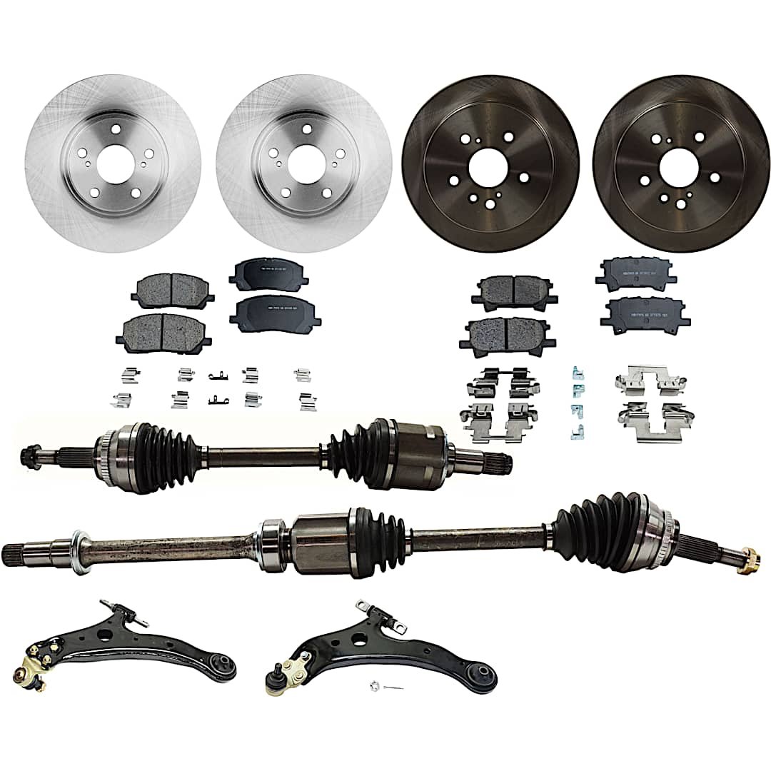 kit-030422-0108_1.jpg TrueDrive 12-Piece Kit Front, Driver and Passenger Side Axle Assembly with Brake Discs, Brake Pad Sets, and Control Arms, FWD - Image 1