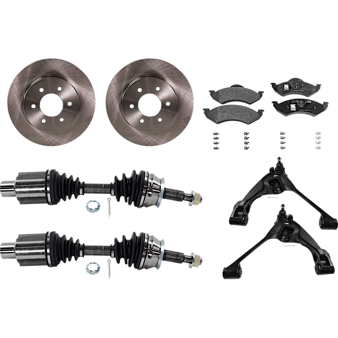 kit-030422-0144_1.png TrueDrive 7-Piece Kit Front, Driver and Passenger Side, Lower Control Arm with Axle Assembly, Brake Discs, and Brake Pad Set, 4WD - Image 1