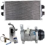 DriveMotive 3-Piece Kit A/C Compressor with A/C Condenser and A/C Service Kit (A/C Accumulator, Expansion Valve, Orifice Tube, and A/C O-Ring and Gasket Seal Kit), 4-Groove Pulley, Two Bolts to Mount the Hoses