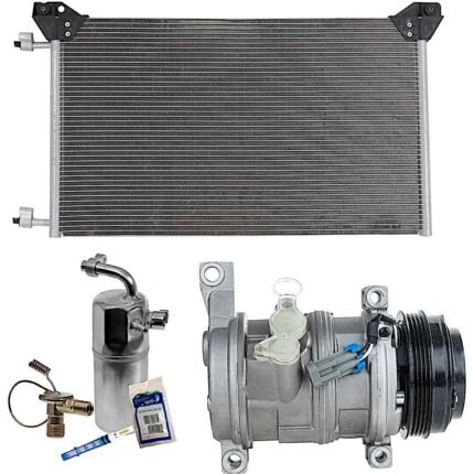 DriveMotive 3-Piece Kit A/C Compressor with A/C Condenser and A/C Service Kit (A/C Accumulator, Expansion Valve, Orifice Tube, and A/C O-Ring and Gasket Seal Kit), 4-Groove Pulley, Two Bolts to Mount the Hoses