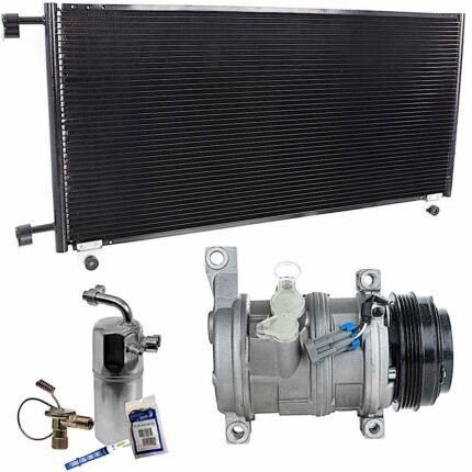 DriveMotive 3-Piece Kit A/C Compressor with A/C Condenser and A/C Service Kit (A/C Accumulator, Expansion Valve, Orifice Tube, and A/C O-Ring and Gasket Seal Kit), 4-Groove Pulley, Two Bolts to Mount the Hoses