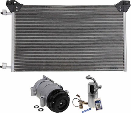 DriveMotive 3-Piece Kit A/C Compressor, 4-Groove Pulley, includes A/C Condenser, and A/C Service Kit (A/C Accumulator, A/C Orifice Tube, and A/C O-Ring and Gasket Seal Kit), One Bolts to mount the Hoses