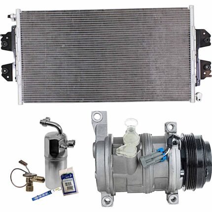 DriveMotive 3-Piece Kit A/C Compressor with A/C Condenser and A/C Service Kit (A/C Accumulator, Expansion Valve, Orifice Tube, and A/C O-Ring and Gasket Seal Kit), 4-Groove Pulley, Two Bolts to Mount the Hoses