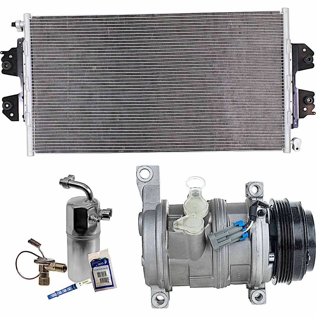 kit-030521-62_1.jpg DriveMotive 3-Piece Kit A/C Compressor with A/C Condenser and A/C Service Kit (A/C Accumulator, Expansion Valve, Orifice Tube, and A/C O-Ring and Gasket Seal Kit), 4-Groove Pulley, Two Bolts to Mount the Hoses - Image 1