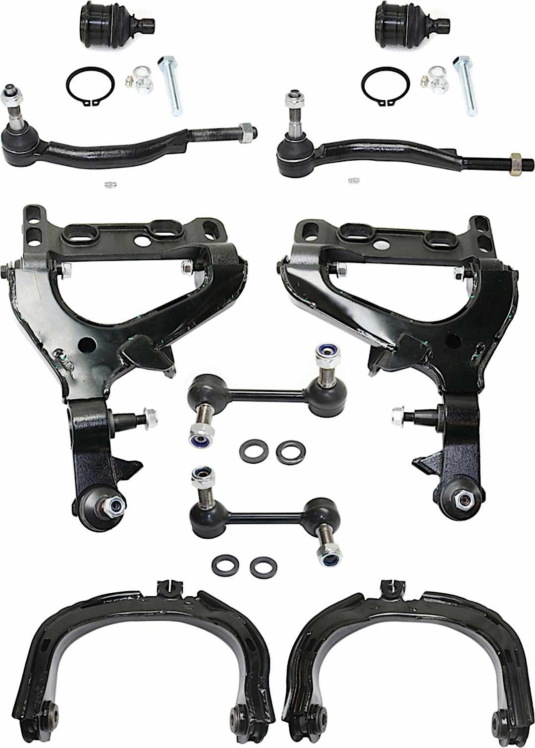 kit-032118-11_1.jpg TrueDrive 10-Piece Kit Front, Driver and Passenger Side, Upper and Lower Control Arm Kit, Includes (2) Ball Joint, (4) Control Arm, (2) Sway Bar Link, and (2) Tie Rod End - Image 1