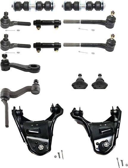 Replacement 14-Piece Kit Front Control Arm, All Wheel Drive, Heavy Duty Design, includes Ball Joints, Idler Arm, Pitman Arm, Sway Bar Links, Tie Rod Adjusting Sleeves, and Tie Rod Ends