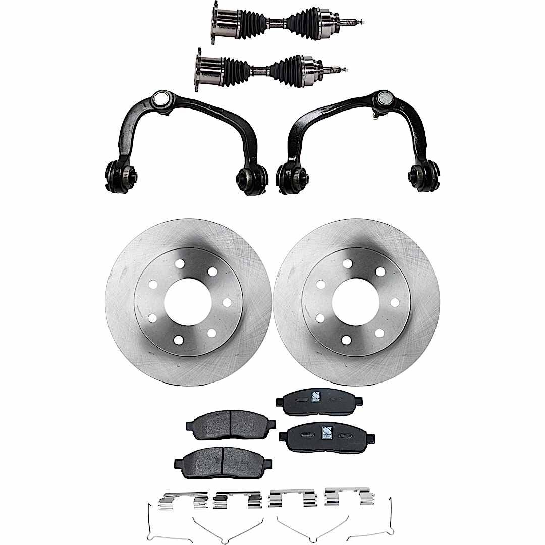 kit-040422-018_1.jpg TrueDrive 8-Piece Kit Front Axle Assembly with Brake Discs, Brake Pad Set, and Control Arms, 4WD, 7 Lugs - Image 1