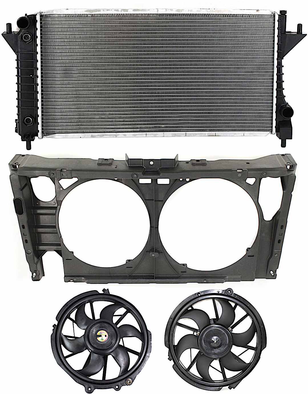kit-040717-03_1.jpg Replacement 4-Piece Kit Driver and Passenger Side Radiator and A/C Condenser Fan, includes Radiator Support - Image 1
