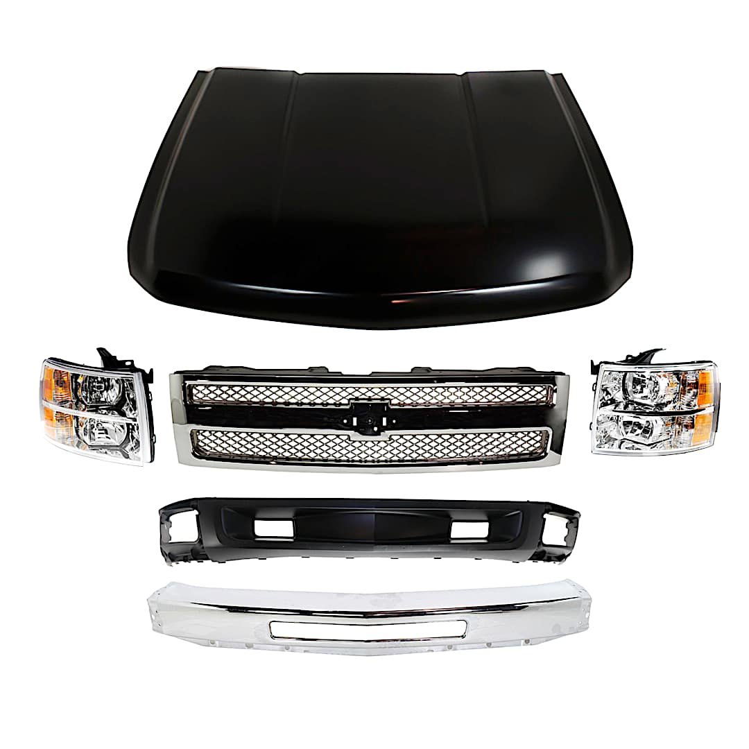 kit-050417-09_1.jpg Replacement 6-Piece Kit, Front Bumper, Chrome, Includes (1) Bumper, (1) Grille, (2) Headlight, (1) Hood, and (1) Valance - Image 1