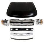 Replacement 7-Piece Kit, Front Bumper, Chrome, Includes (1) Bumper, (1) Grille, (2) Headlight, (1) Hood, and (2) Valance