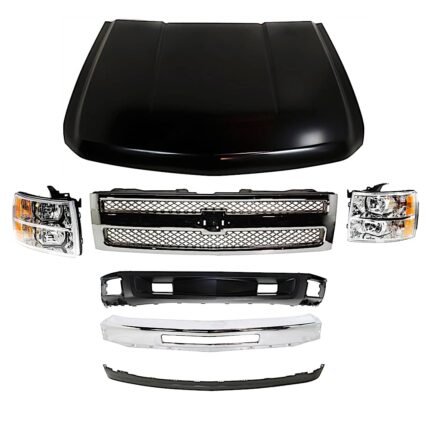 Replacement 7-Piece Kit, Front Bumper, Chrome, Includes (1) Bumper, (1) Grille, (2) Headlight, (1) Hood, and (2) Valance
