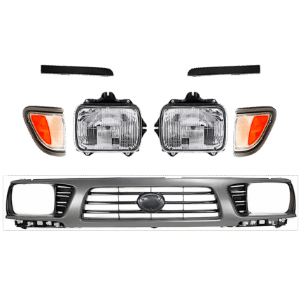 Replacement 7-Piece Kit Driver and Passenger Side Halogen Headlight, Includes (2) Corner Light, (1) Grille Assembly, (2) Headlight, and (2) Headlight Filler