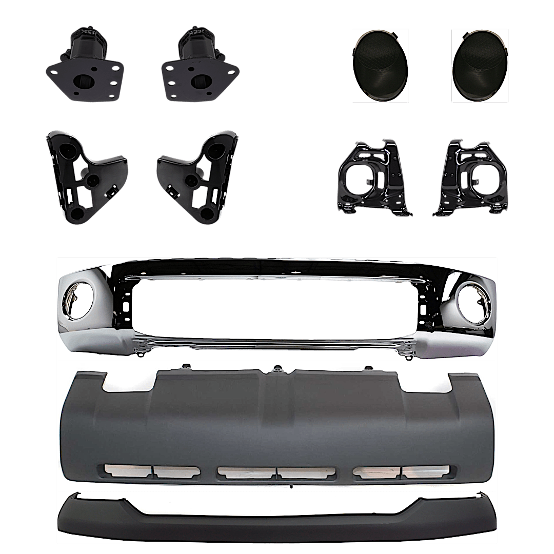 kit-053024-c74_1.png Replacement 11-Piece Kit, Front Bumper, Chrome, Includes (1) Bumper, (6) Bumper Bracket, (1) Bumper Cover, (2) Fog Light Cover, and (1) Valance - Image 1