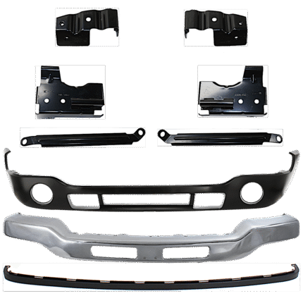 Replacement 9-Piece Kit, Front Bumper, Old Body Style, Chrome, Includes (1) Bumper, (6) Bumper Bracket, (1) Bumper Cover, and (1) Valance