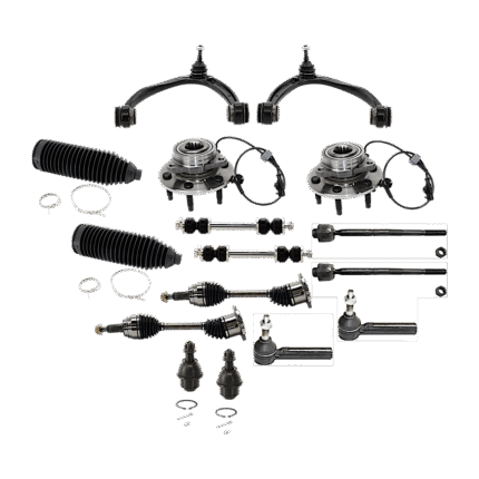 TrueDrive 2-Wheel Set Front, Driver and Passenger Side Wheel Hub with Axle Assemblies, Ball Joints, Control Arms, Steering Rack Boots, Sway Bar Links, and Tie Rod Ends