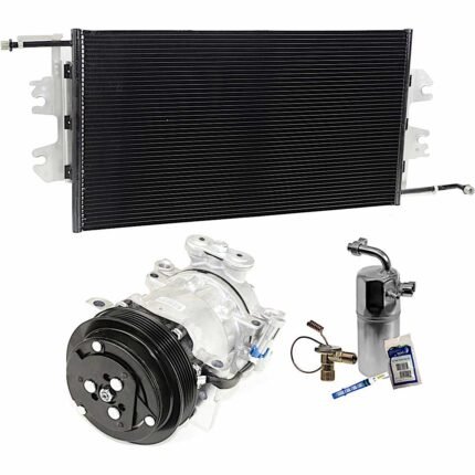 DriveMotive A/C Compressor Kit with A/C Condenser, and A/C Service Kit (Accumulator, Orifice Tube, O-Ring, Gasket Seal Kit), 6-Groove Pulley, 4.33in Diameter; HT6; Hoses Built to Top; PAG 46 Oil; 2 O'Clock Coil