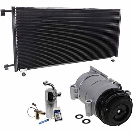 DriveMotive 3-Piece Kit A/C Compressor with A/C Condenser and A/C Service Kit (A/C Accumulator, Expansion Valve, Orifice Tube, and A/C O-Ring and Gasket Seal Kit), 4-Groove Pulley, One Bolt to Mount the Hoses