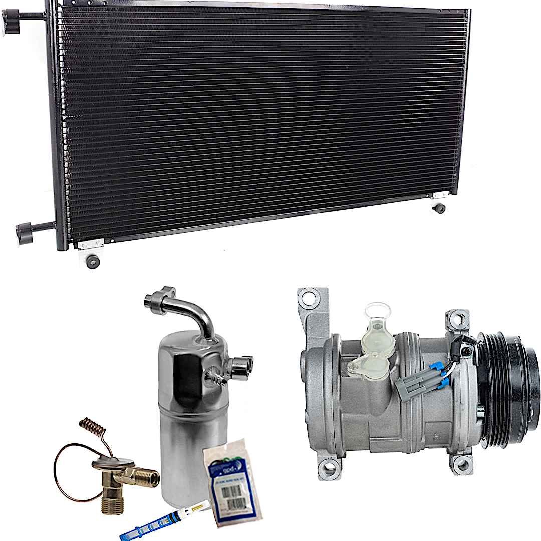 kit-061121-19_1.jpg DriveMotive 3-Piece Kit A/C Compressor with A/C Condenser and A/C Service Kit (A/C Accumulator, Expansion Valve, Orifice Tube, and A/C O-Ring and Gasket Seal Kit), 4-Groove Pulley, Two Bolts to Mount the Hoses - Image 1