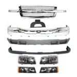 Replacement 9-Piece Kit, Front Bumper, Chrome, Includes (1) Bumper, (1) Bumper Cover, (1) Grille, (2) Headlight, (1) License Plate Bracket, (2) Turn Signal Light, and (1) Valance