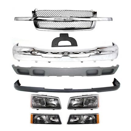Replacement 9-Piece Kit, Front Bumper, Chrome, Includes (1) Bumper, (1) Bumper Cover, (1) Grille, (2) Headlight, (1) License Plate Bracket, (2) Turn Signal Light, and (1) Valance