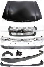 Replacement 8-Piece Kit, Front Bumper, Chrome, Includes (1) Bumper, (1) Bumper Cover, (1) Grille, (1) Hood, (1) Hood Latch, (1) License Plate Bracket, and (2) Valance