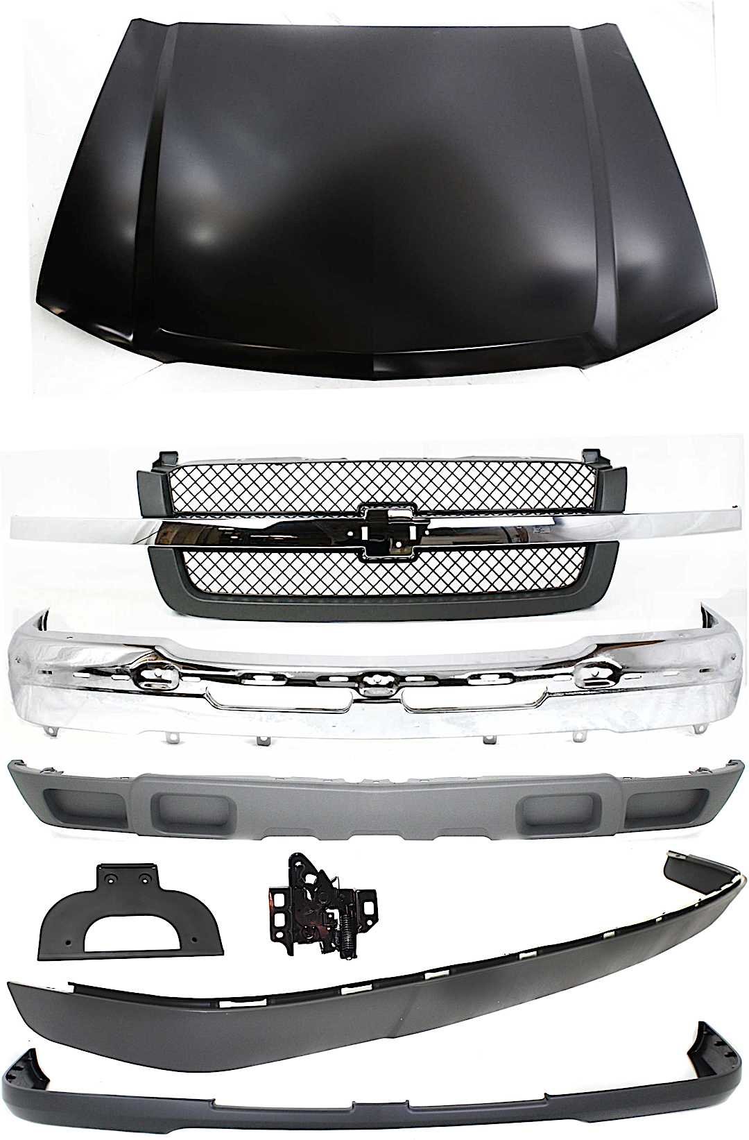 kit-061617-34_1.jpg Replacement 8-Piece Kit, Front Bumper, Chrome, Includes (1) Bumper, (1) Bumper Cover, (1) Grille, (1) Hood, (1) Hood Latch, (1) License Plate Bracket, and (2) Valance - Image 1