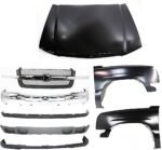 Replacement 8-Piece Kit, Front Bumper, Chrome, Includes (1) Bumper, (1) Bumper Cover, (2) Fender, (1) Grille, (1) Hood, and (2) Valance