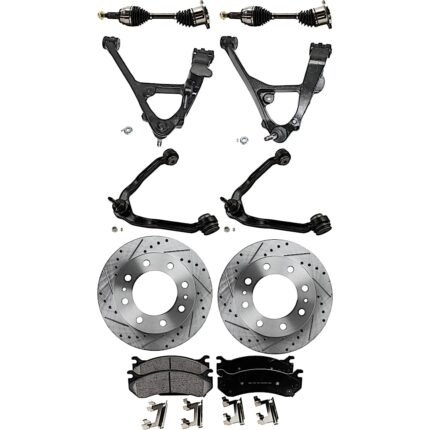 TrueDrive 9-Piece Kit Front, Driver and Passenger Side, Upper and Lower Control Arm, With Front Torsion Bar Spring, 8 Lugs Wheels, Heavy Duty, includes Axle Assembly, Brake Discs, and Brake Pad Set
