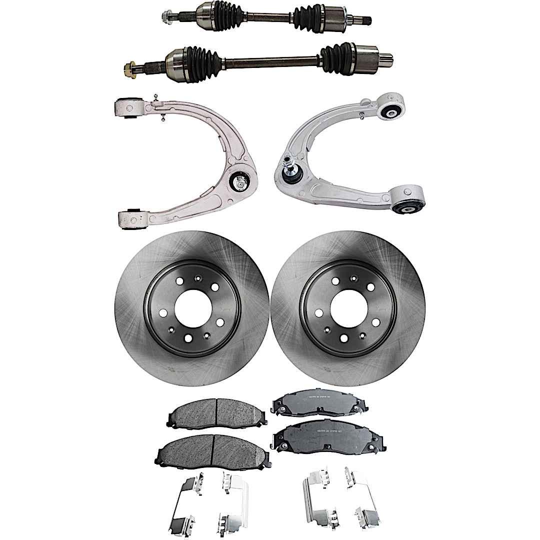 kit-062422-790_1.jpg TrueDrive 7-Piece Kit Front, Driver and Passenger Side, Upper Control Arm, with Axle Assemblies, Brake Discs, and Brake Pad Set, AWD, For Models with 303mm Front Disc, without Brembo Brakes - Image 1
