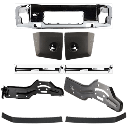 Replacement 9-Piece Kit, Front Bumper, Chrome, Includes (1) Bumper, (4) Bumper Bracket, (2) Bumper End, and (2) Bumper Trim