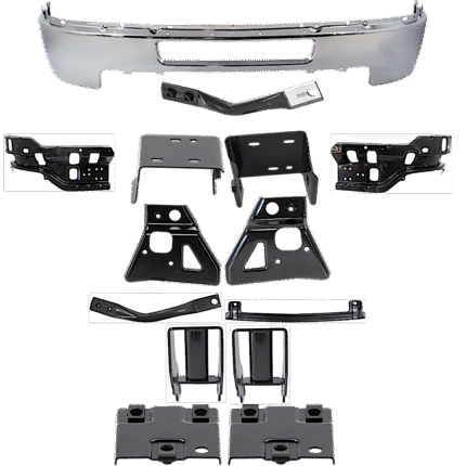 Replacement 14-Piece Kit, Front Bumper, Chrome, Includes (1) Bumper, (12) Bumper Bracket, and (1) Bumper Reinforcement