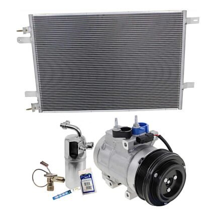 DriveMotive 3-Piece Kit A/C Compressor with A/C Condenser and A/C Service Kit, with Clutch, 6-Groove Pulley, For Models With FS20 Compressor Type, with Hose Fitting Bolts on the Left, 4.53 in. Diameter Clutch