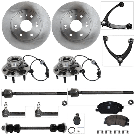 TrueDrive 2-Wheel Set Front, Driver and Passenger Side, Inner and Outer, Upper and Lower Wheel Hub with Ball Joint, Brake Discs, Brake Pad Set, Control Arms, Sway Bar Link, and Tie Rod Ends