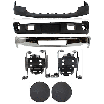 Replacement 7-Piece Kit, Front, Driver and Passenger Side, Inner Bumper, Chrome, Includes (1) Bumper, (2) Bumper Bracket, (1) Bumper Cover, (2) Fog Light Cover, and (1) Valance