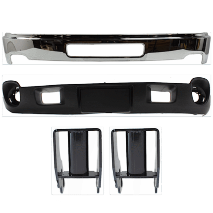 Replacement 4-Piece Kit, Front, Driver and Passenger Side Bumper, Chrome, Includes (1) Bumper, (2) Bumper Bracket, and (1) Valance
