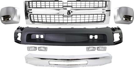 Replacement 7-Piece Kit Grille Chrome Shell with Textured Black Insert, Includes (1) Bumper, (2) Bumper End, (2) Fog Light, (1) Grille, and (1) Valance